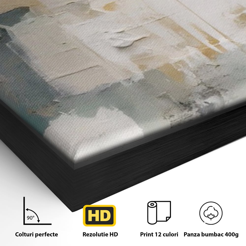 Detaliu al suprafetei: pictura abstracta cu texturi alb, gri si turcoaz, in rama de aluminiu negru